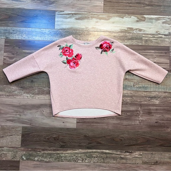 Halogen Oversized Heather Pink Sweatshirt Small Embroidered Roses Dolman Sleeves - Picture 9 of 14
